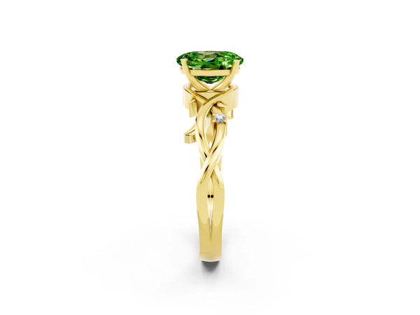 Yellow gold Oval Cut Peridot Solitaire Ring with Twisted Band and Prong Setting
