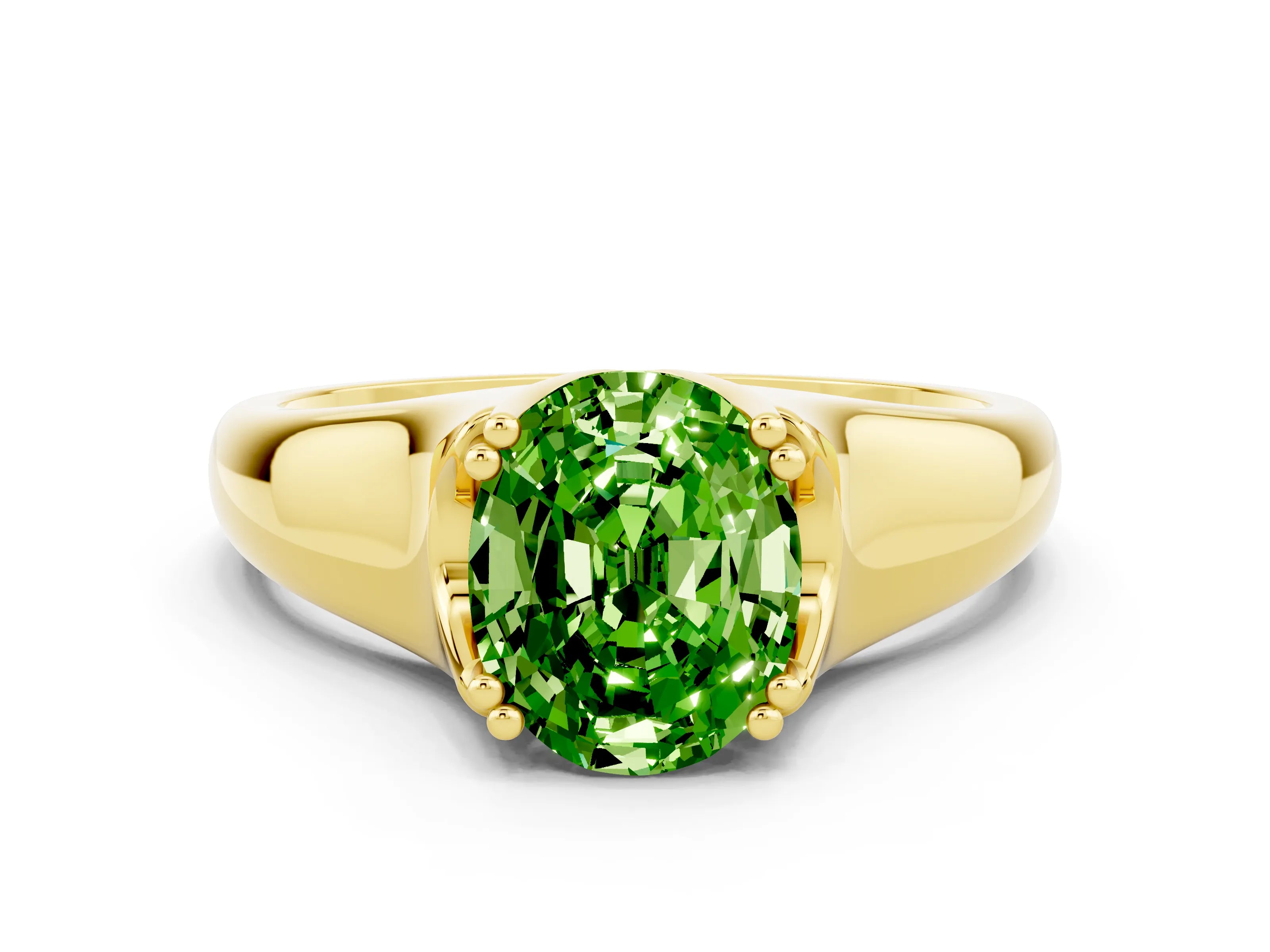 Yellow gold Oval Cut Peridot Solitaire Ring with Wide Band and Prong Setting