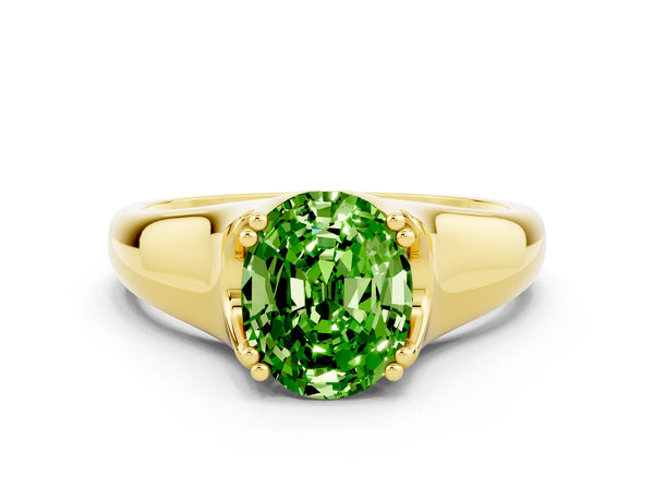 Yellow gold Oval Cut Peridot Solitaire Ring with Wide Band and Prong Setting