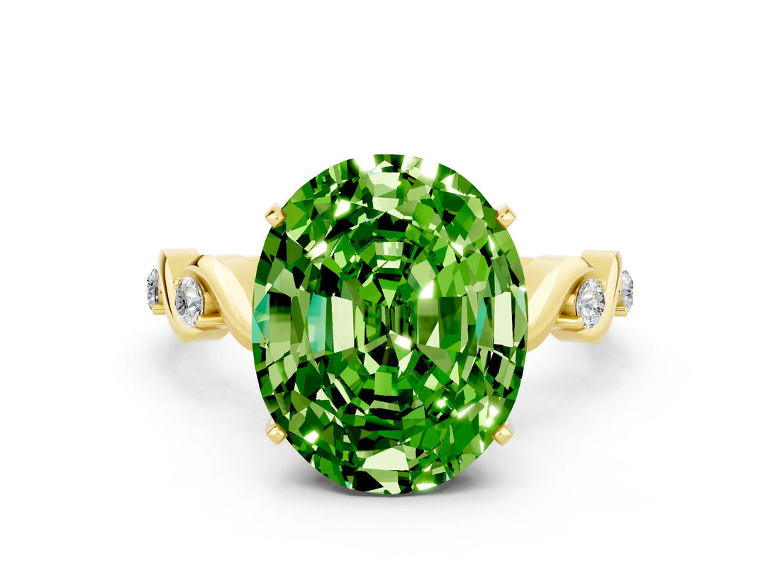 Yellow gold Oval Cut Peridot Solitaire Twisted Band with Round  Accents and Prong Setting_12
