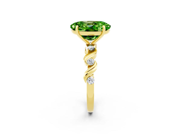 Yellow gold Oval Cut Peridot Solitaire Twisted Band with Round  Accents and Prong Setting