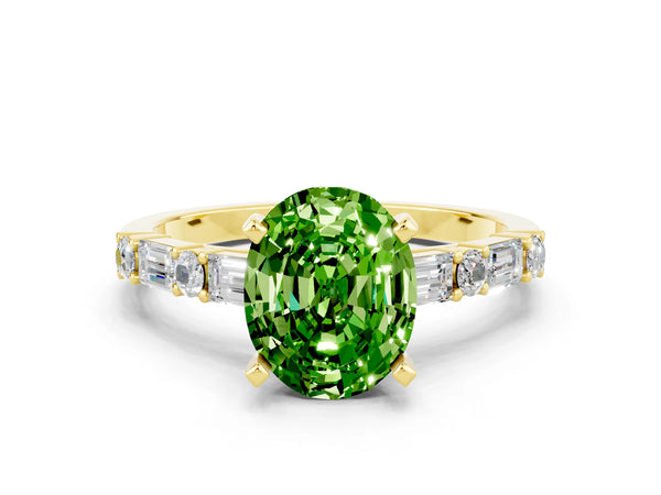 Yellow gold Oval Cut Peridot Solitaire with Side Baguettes and Channel Set Band