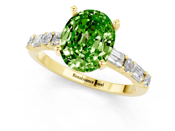 Yellow gold Oval Cut Peridot Solitaire with Side Baguettes and Channel Set Band