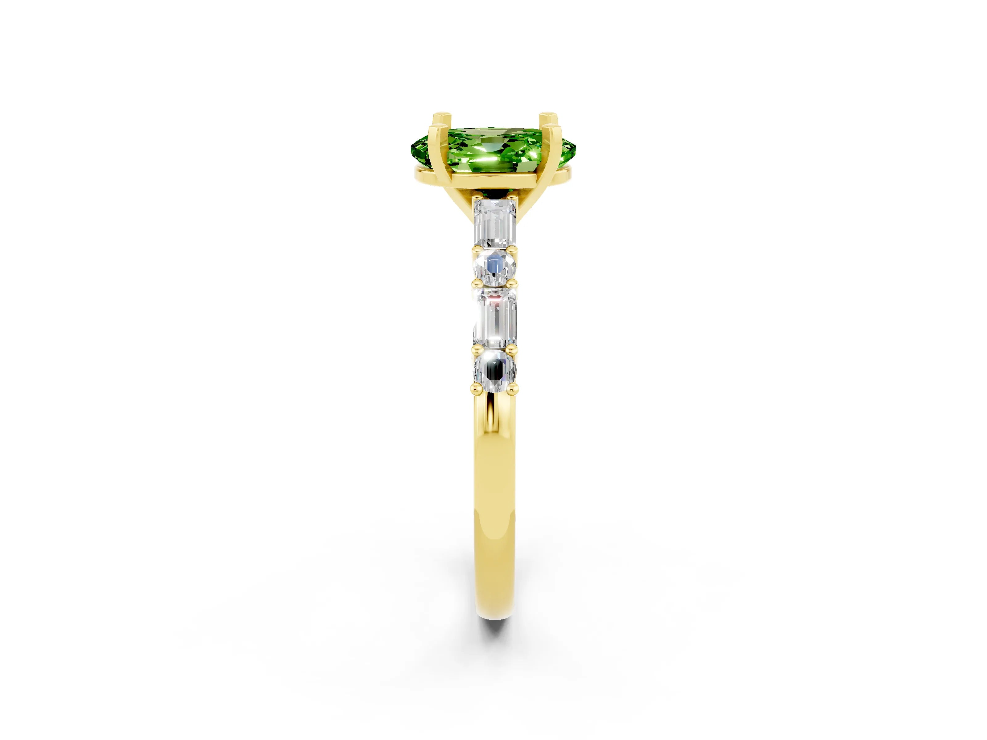 Yellow gold Oval Cut Peridot Solitaire with Side Baguettes and Channel Set Band_2