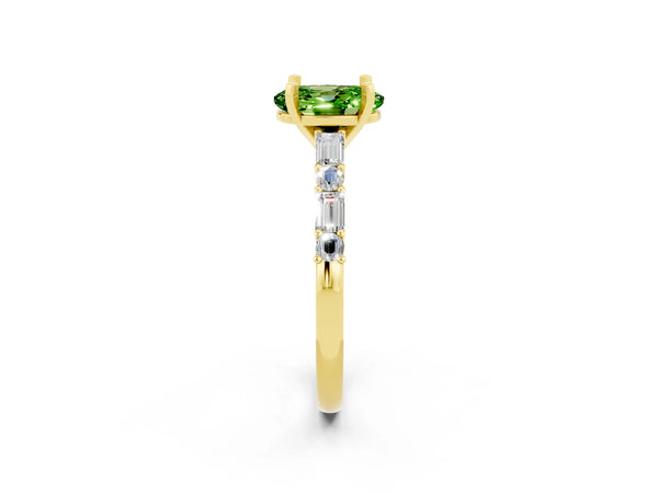 Yellow gold Oval Cut Peridot Solitaire with Side Baguettes and Channel Set Band