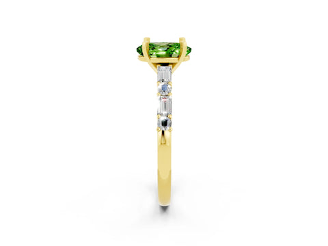 Yellow gold Oval Cut Peridot Solitaire with Side Baguettes and Channel Set Band_2