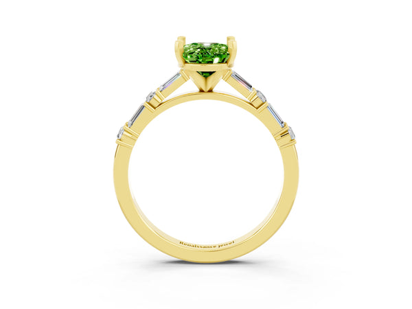 Yellow gold Oval Cut Peridot Solitaire with Side Baguettes and Channel Set Band