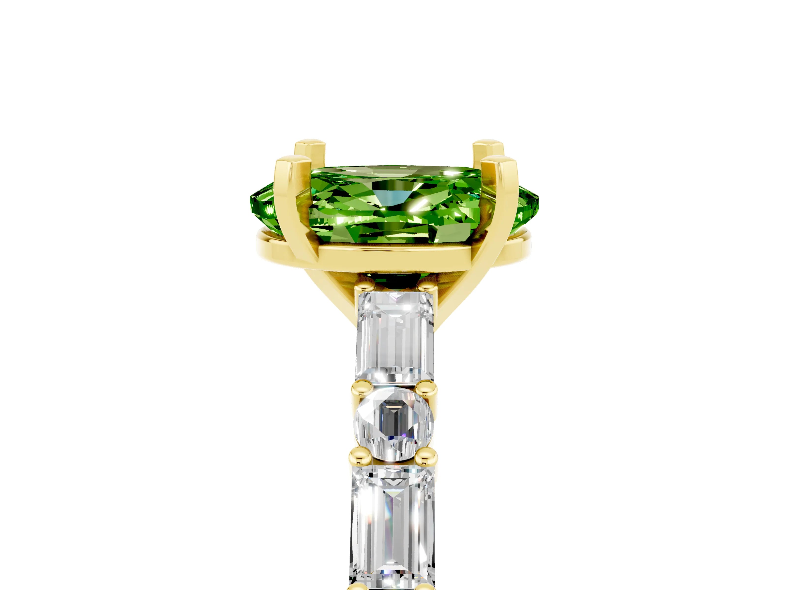 Yellow gold Oval Cut Peridot Solitaire with Side Baguettes and Channel Set Band_5