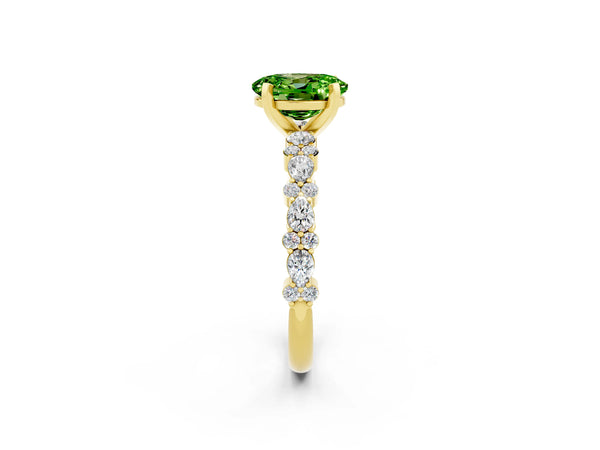 Yellow gold Oval Cut Peridot Side Stone Solitaire Ring with Round  and Four-Prong Setting