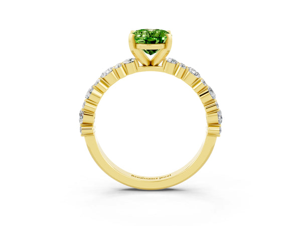 Yellow gold Oval Cut Peridot Side Stone Solitaire Ring with Round  and Four-Prong Setting