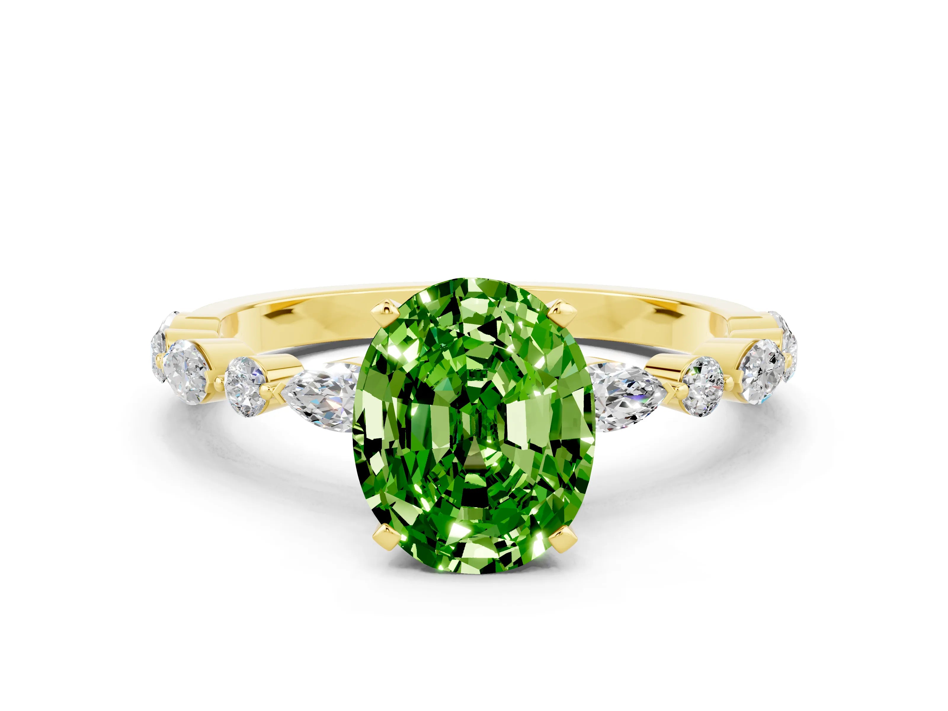 Yellow gold Oval Cut Peridot Solitaire with Side Stones on a Pavé Band and Four-Prong Setting