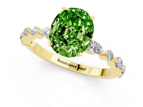 Yellow gold Oval Cut Peridot Solitaire with Side Stones on a Pavé Band and Four-Prong Setting_1