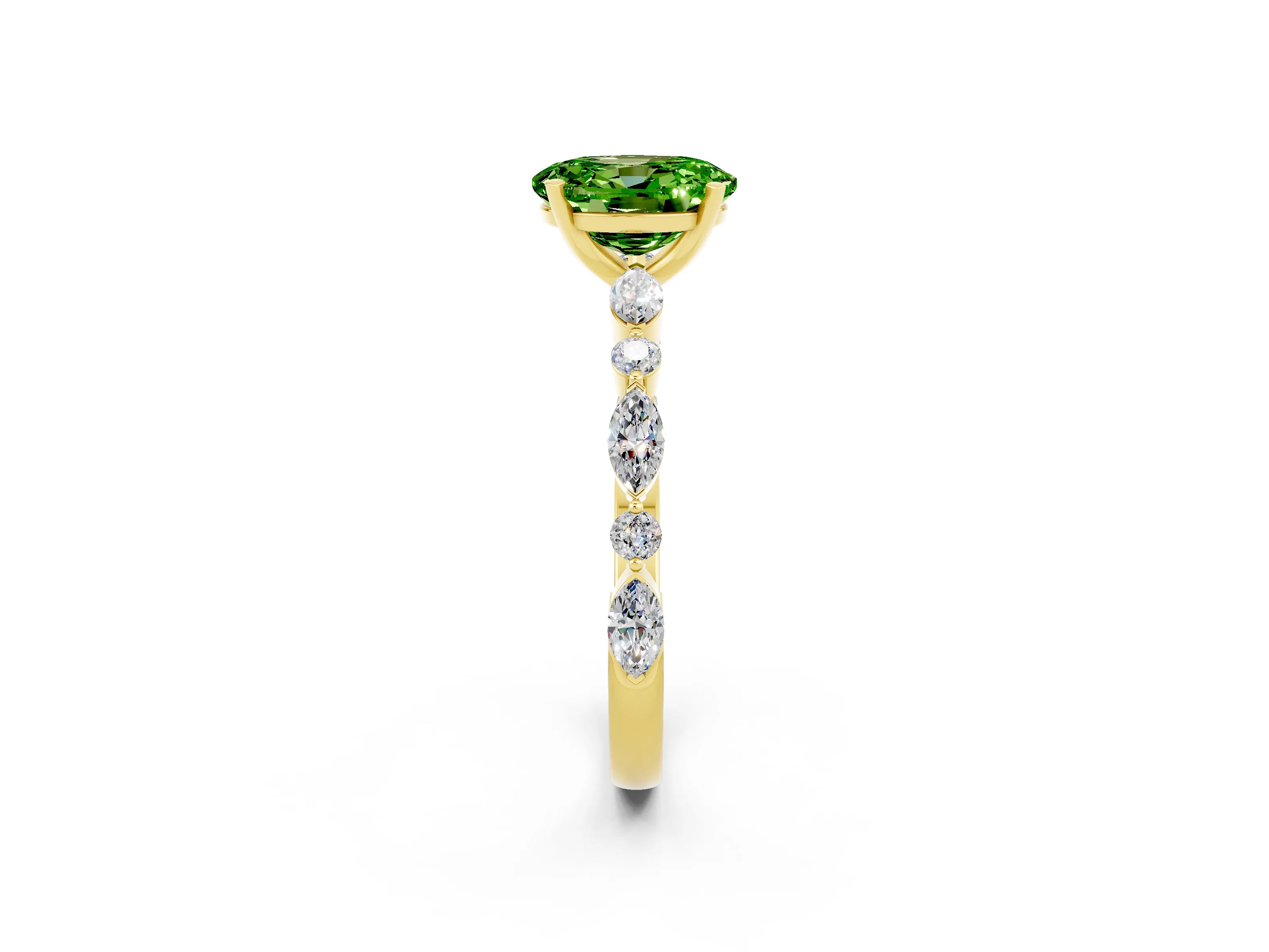 Yellow gold Oval Cut Peridot Solitaire with Side Stones on a Pavé Band and Four-Prong Setting_2