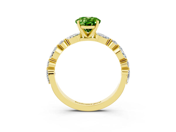 Yellow gold Oval Cut Peridot Ring with Marquise and Round  Side Stones and Four-Prong Setting