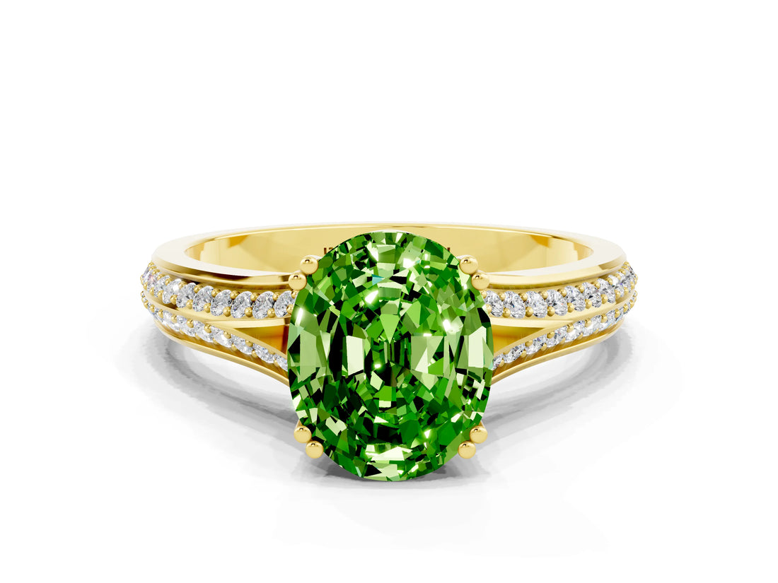 Yellow gold Oval Cut Peridot Split Shank Engagement Ring with Pavé Band