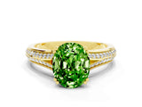 Yellow gold Oval Cut Peridot Split Shank Engagement Ring with Pavé Band