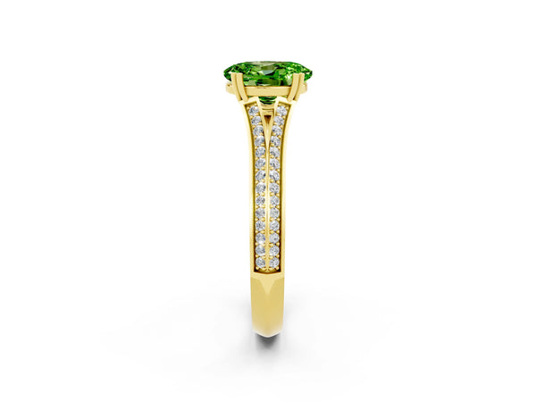 Yellow gold Oval Cut Peridot Split Shank Engagement Ring with Pavé Band