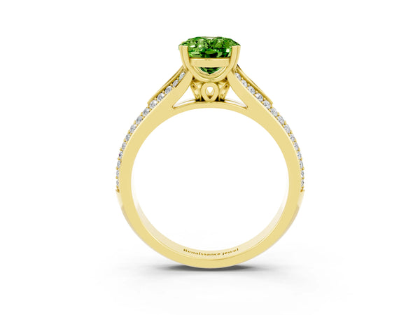 Yellow gold Oval Cut Peridot Split Shank Engagement Ring with Pavé Band