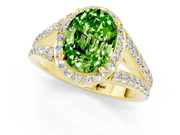 Yellow gold Oval Cut Peridot Split Shank Halo Ring with Four-Prong Setting