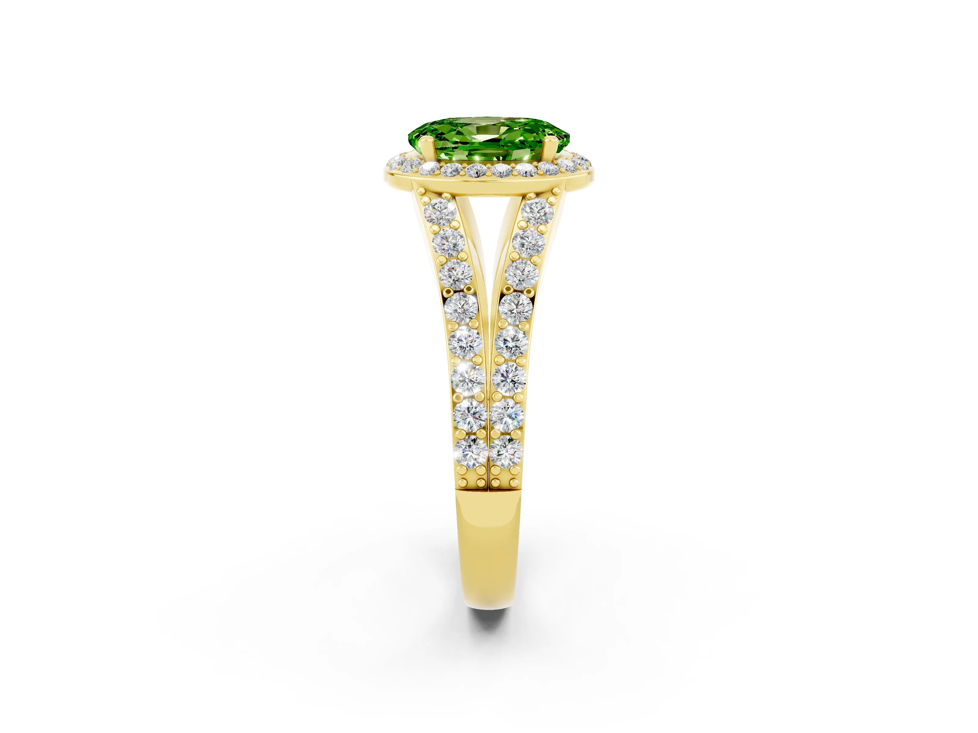 Yellow gold Oval Cut Peridot Split Shank Halo Ring with Four-Prong Setting_14