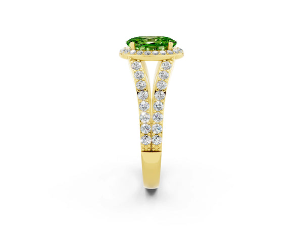 Yellow gold Oval Cut Peridot Split Shank Halo Ring with Four-Prong Setting