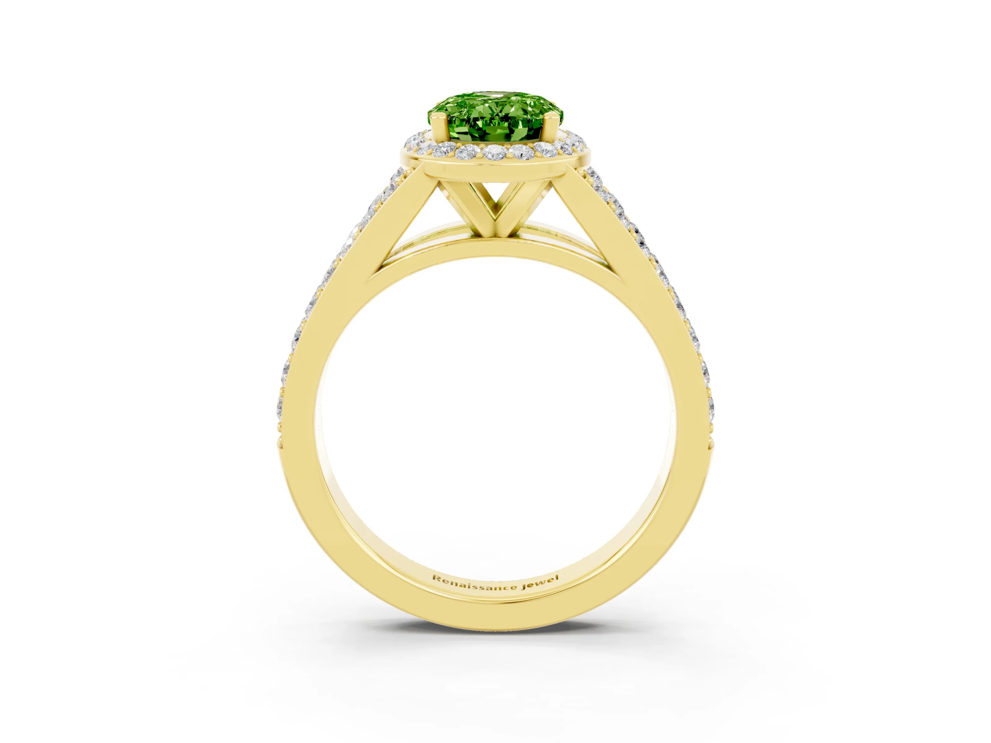 Yellow gold Oval Cut Peridot Split Shank Halo Ring with Four-Prong Setting_15