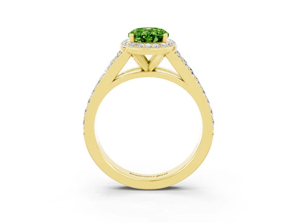 Yellow gold Oval Cut Peridot Split Shank Halo Ring with Four-Prong Setting