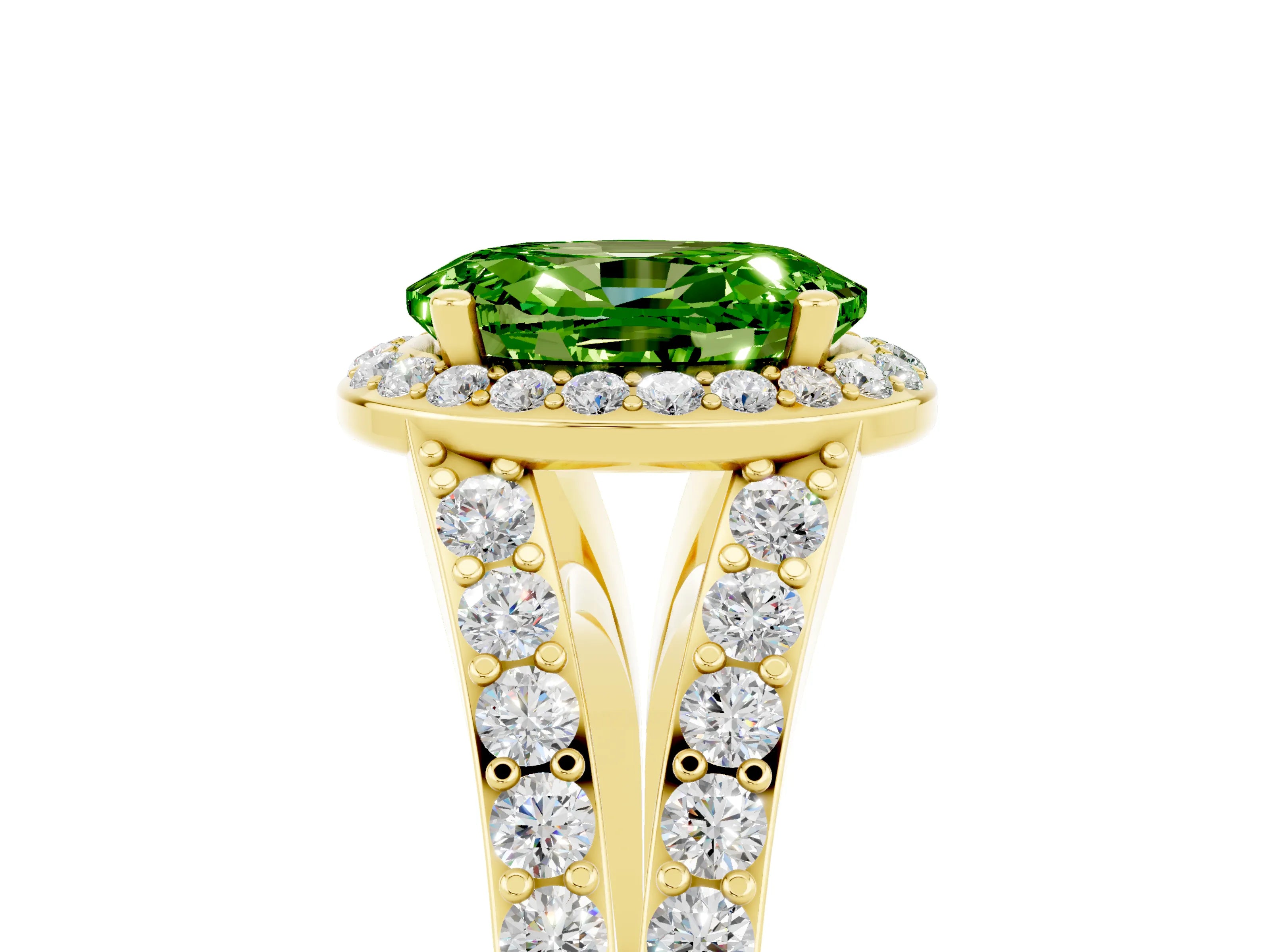 Yellow gold Oval Cut Peridot Split Shank Halo Ring with Four-Prong Setting_17