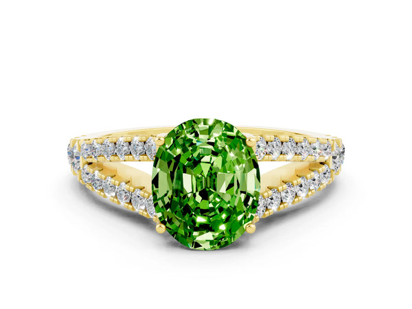 Yellow gold Oval Cut Peridot Split Shank Pavé Engagement Ring with Four-Prong Setting