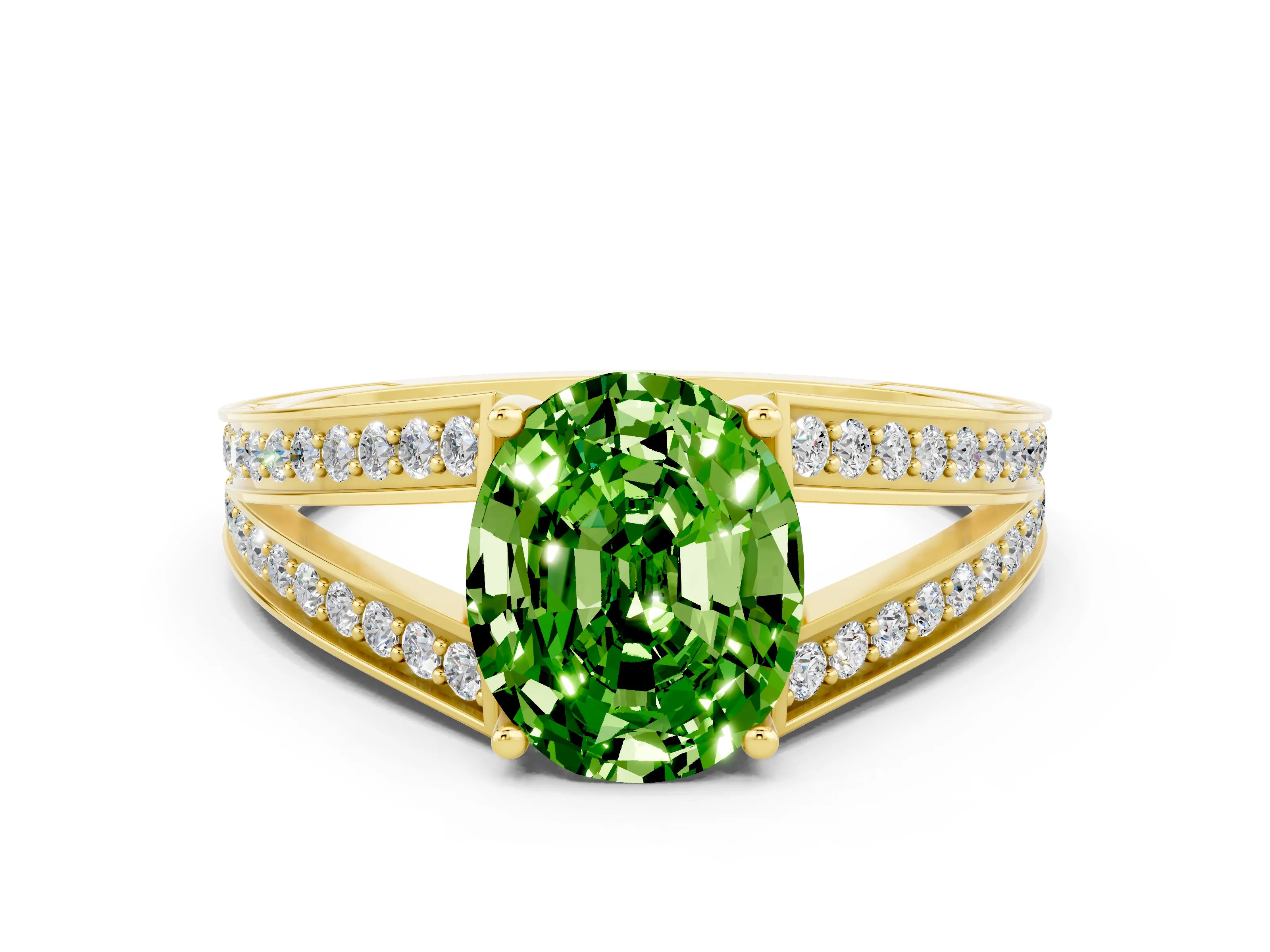 Yellow gold Oval Cut Peridot Split Shank Ring with Pavé Band and Four-Prong Setting