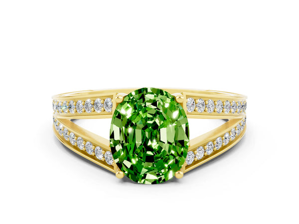 Yellow gold Oval Cut Peridot Split Shank Ring with Pavé Band and Four-Prong Setting