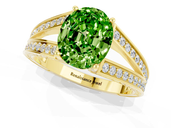 Yellow gold Oval Cut Peridot Split Shank Ring with Pavé Band and Four-Prong Setting