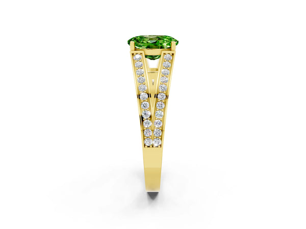 Yellow gold Oval Cut Peridot Split Shank Ring with Pavé Band and Four-Prong Setting