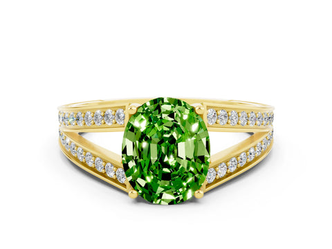 Yellow gold Oval Cut Peridot Split Shank Ring with Pavé Band and Four-Prong Setting
