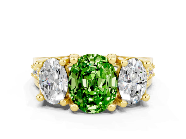 Yellow gold Oval Cut Peridot Three-Stone Ring with Channel Set Band and Four-Prong Setting
