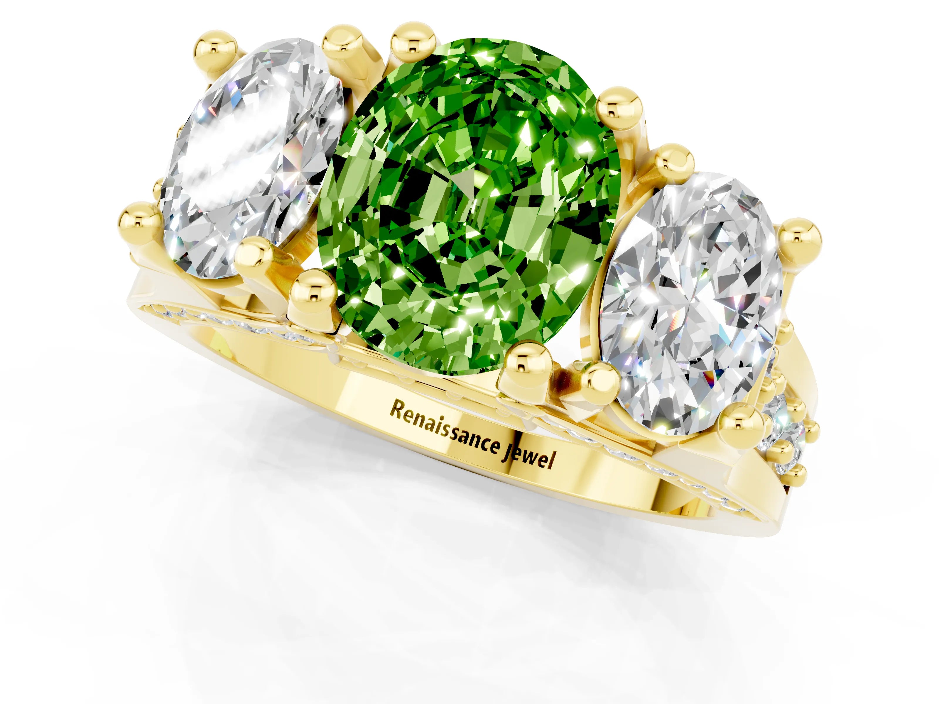 Yellow gold Oval Cut Peridot Three-Stone Ring with Channel Set Band and Four-Prong Setting_1