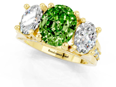 Yellow gold Oval Cut Peridot Three-Stone Ring with Channel Set Band and Four-Prong Setting_1