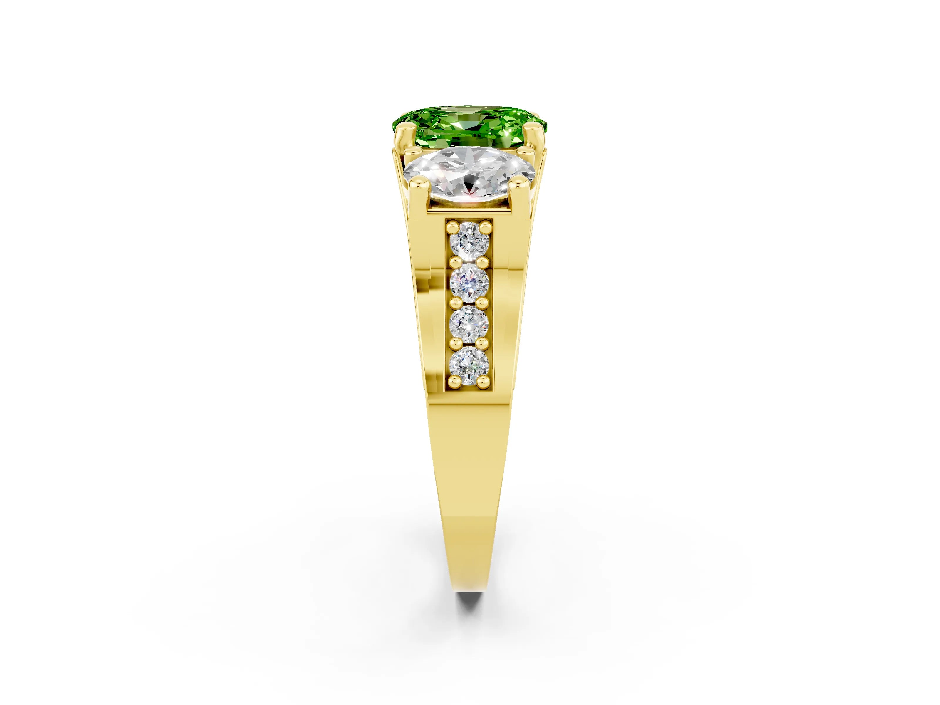 Yellow gold Oval Cut Peridot Three-Stone Ring with Channel Set Band and Four-Prong Setting_2