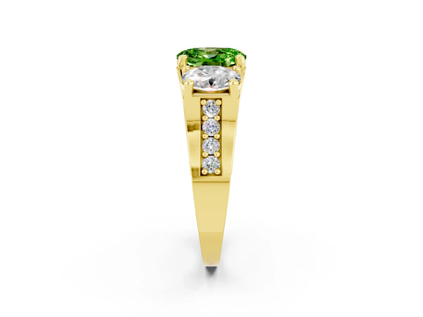 Yellow gold Oval Cut Peridot Three-Stone Ring with Channel Set Band and Four-Prong Setting