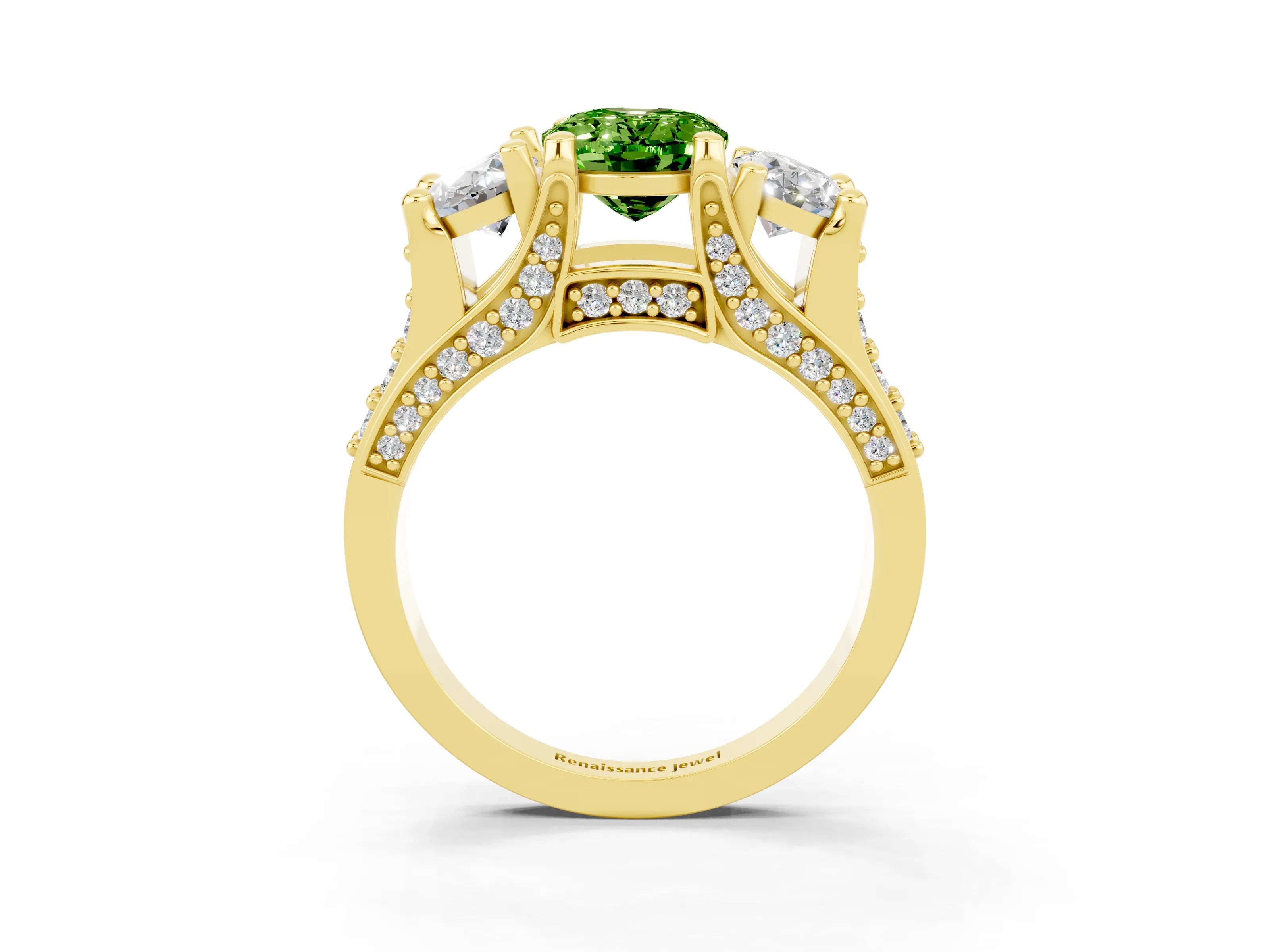 Yellow gold Oval Cut Peridot Three-Stone Ring with Channel Set Band and Four-Prong Setting_3