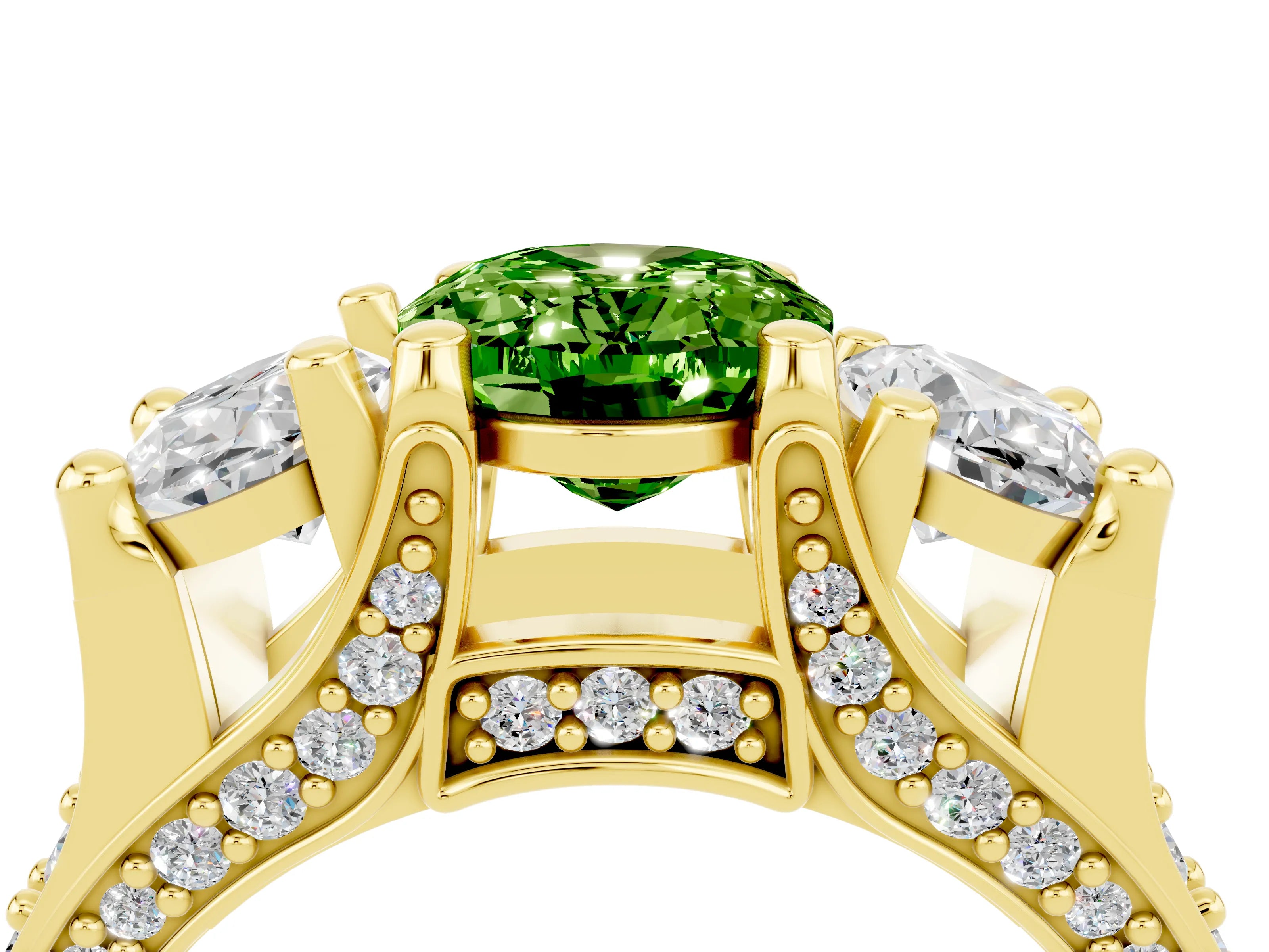 Yellow gold Oval Cut Peridot Three-Stone Ring with Channel Set Band and Four-Prong Setting_4