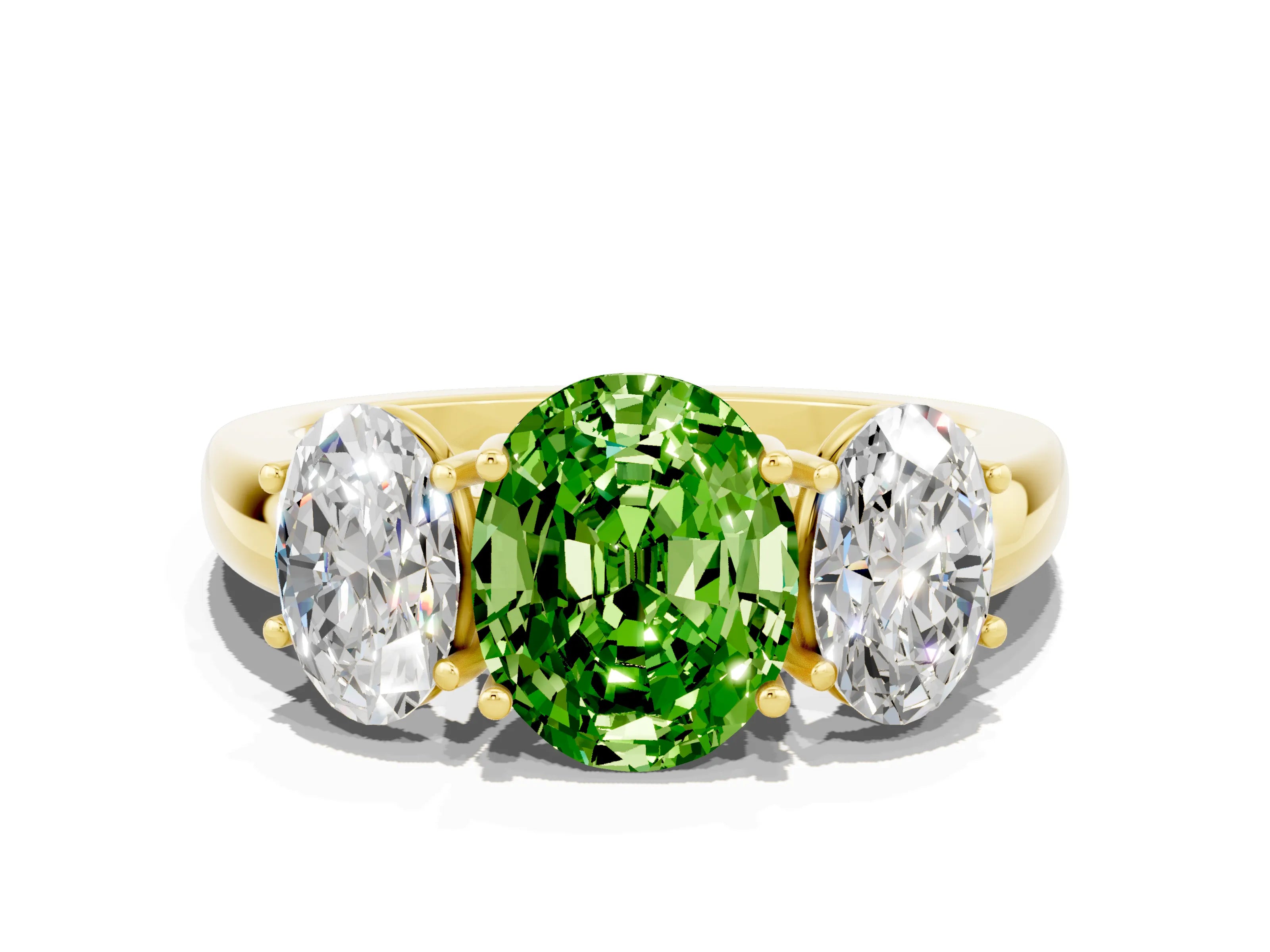 Yellow gold Oval Cut Peridot Three-Stone Ring with Four-Prong Setting and Classic Band