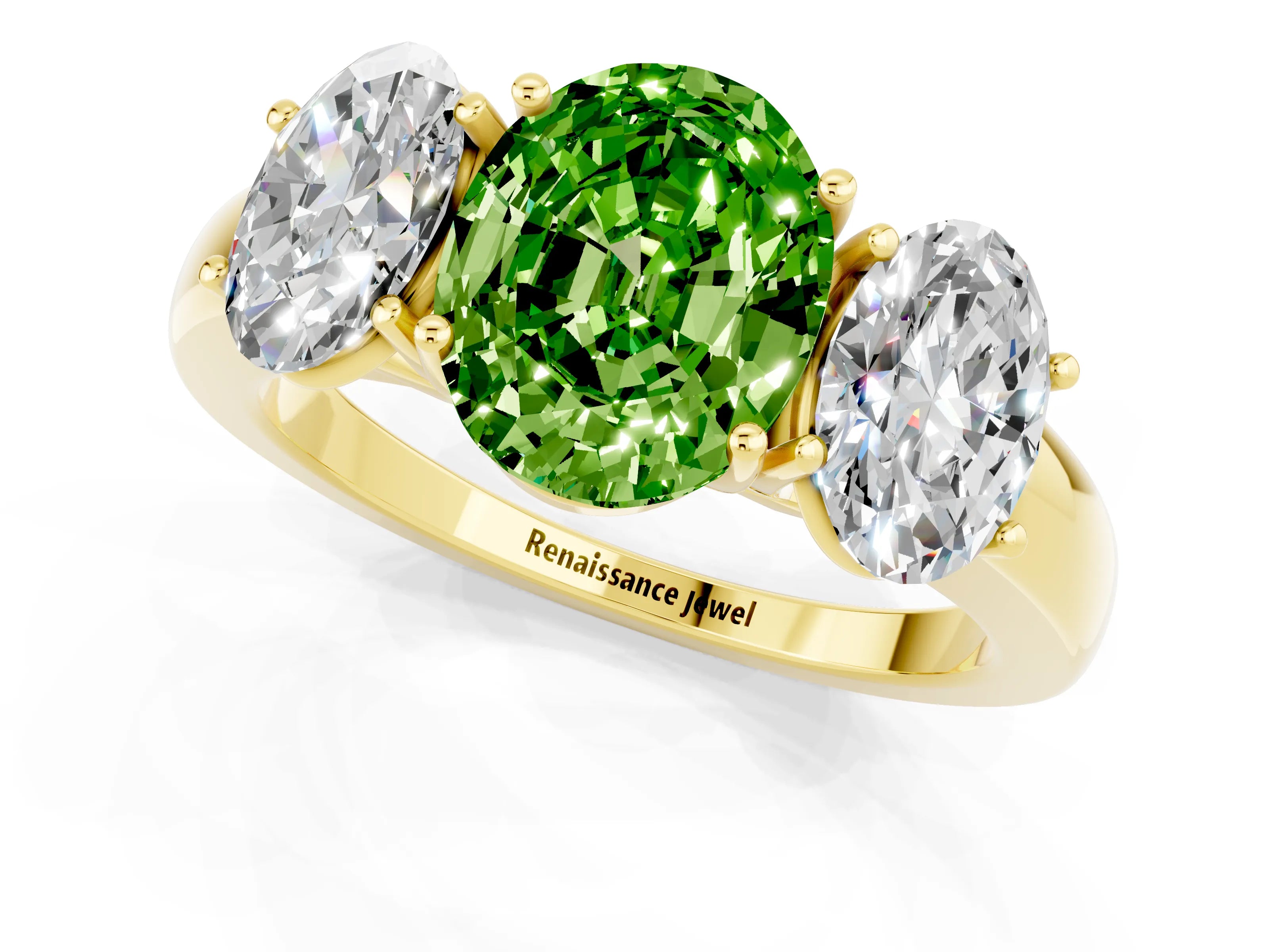 Yellow gold Oval Cut Peridot Three-Stone Ring with Four-Prong Setting and Classic Band_1