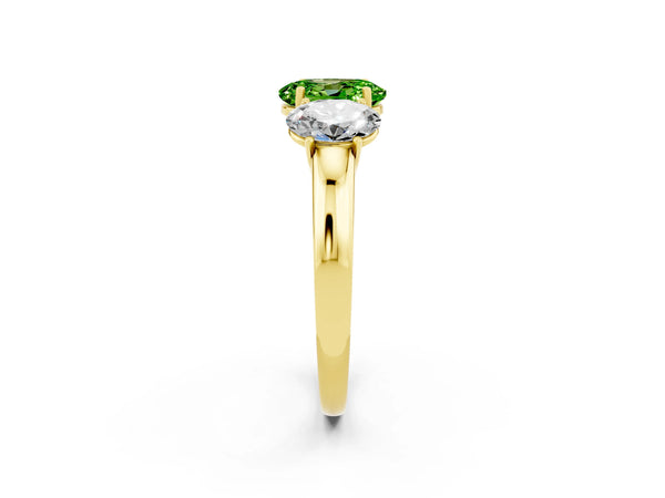 Yellow gold Oval Cut Peridot Three-Stone Ring with Four-Prong Setting and Classic Band