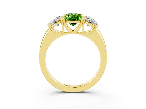 Yellow gold Oval Cut Peridot Three-Stone Ring with Four-Prong Setting and Classic Band