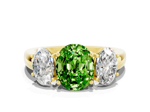 Yellow gold Oval Cut Peridot Three-Stone Ring with Four-Prong Setting and Classic Band
