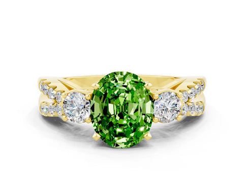 Yellow gold Oval Cut Peridot Three-Stone Ring with Pavé Split Shank and Four-Prong Setting_12