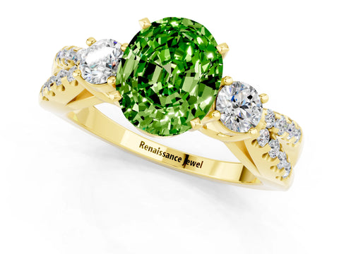 Yellow gold Oval Cut Peridot Three-Stone Ring with Pavé Split Shank and Four-Prong Setting_13