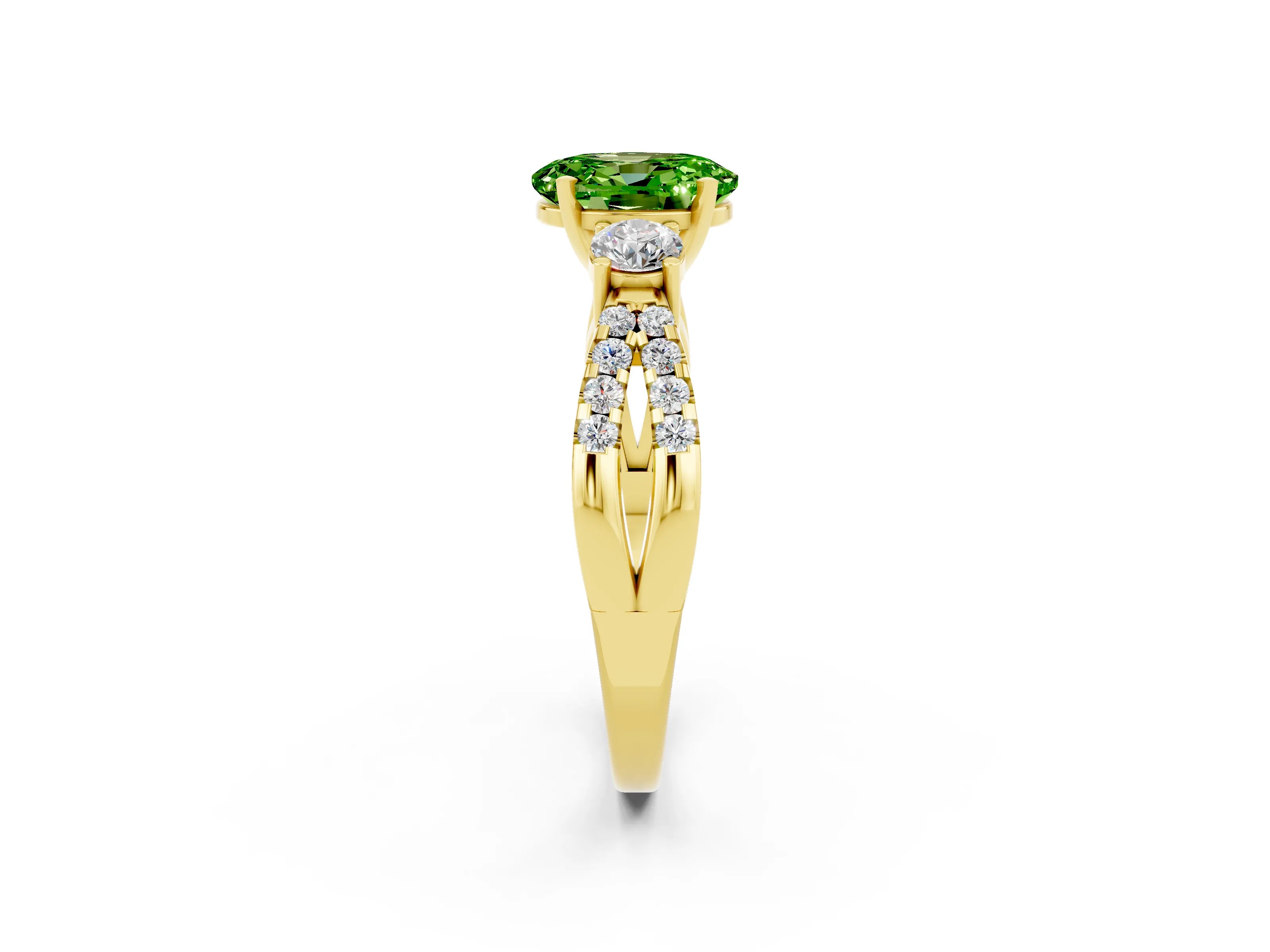 Yellow gold Oval Cut Peridot Three-Stone Ring with Pavé Split Shank and Four-Prong Setting_14