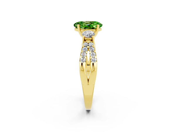 Yellow gold Oval Cut Peridot Three-Stone Ring with Pavé Split Shank and Four-Prong Setting